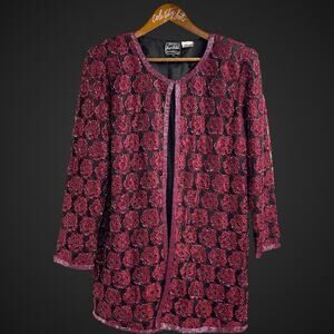 Jean for Joseph LeBon Rosette Beaded Jacket Floral Sequin Black Maroon Vintage M
